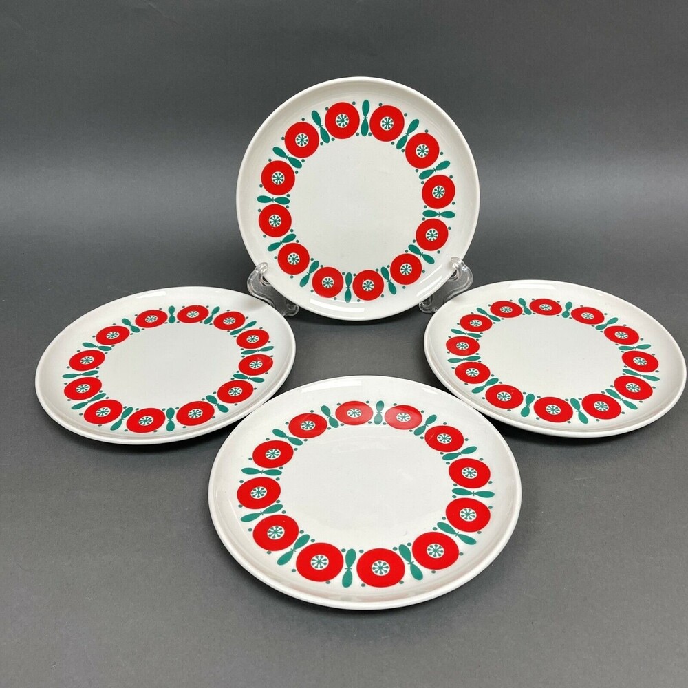 Vintage Anfora Mexico Salad Plates White Red Green 7 3/8" Lot of 4